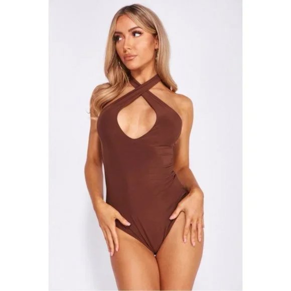 Brown Sleeveless Halter Neck Open Back Backless Bodycon Bodysuit Leotard Top - Picture 6 of 16